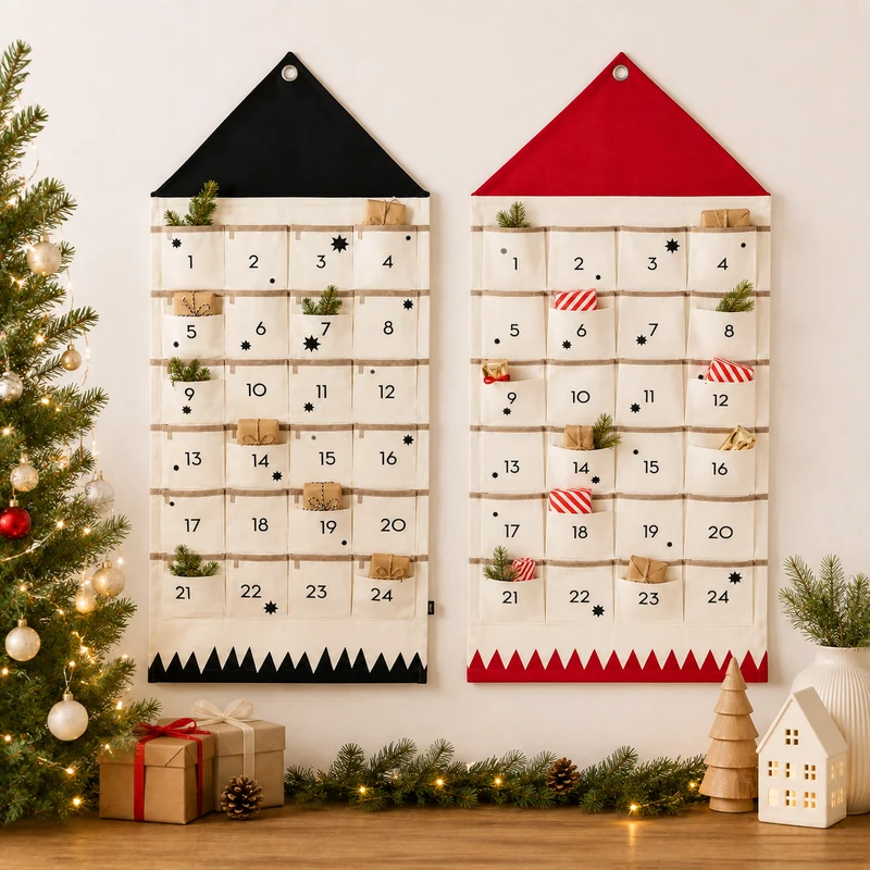 Cloth Christmas Countdown Calendar, 24 Fillable Pouches with Hanging Tab