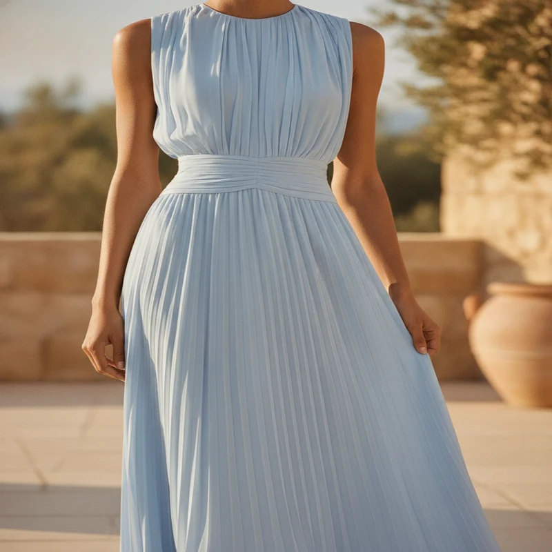 Women's Long Formal Gown with Gathered Bodice and Accordion Skirt for Weddings