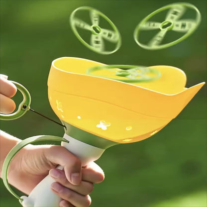 Pull String Flying Propeller Toy Set with 6 Propellers and Frog Shaped Launcher