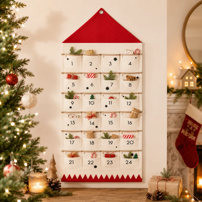 Cloth Christmas Countdown Calendar, 24 Fillable Pouches with Hanging Tab
