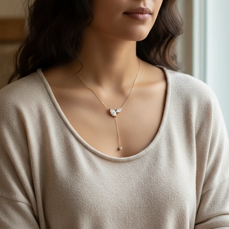 Sterling Silver Y Drop Necklace with Marquise Cut Moissanite Stones, D Color VVS1 Grade