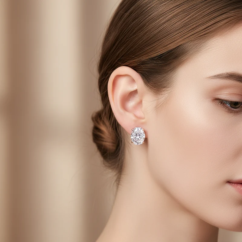 925 Silver Oval Moissanite Earrings, Push Back Studs with D Color VVS1 Stones