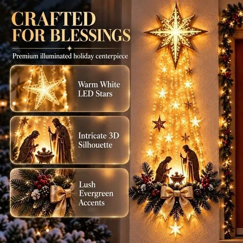 Warm White LED Nativity Wall Ornament Showing the Holy Family Beneath a Fine Cut Star with Pine and Berries