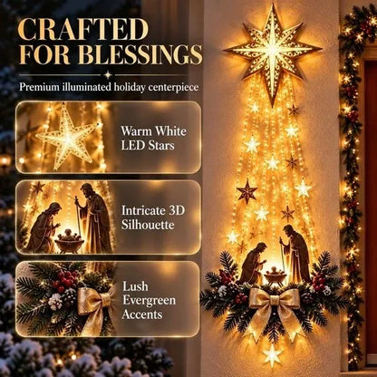 Warm White LED Nativity Wall Ornament Showing the Holy Family Beneath a Fine Cut Star with Pine and Berries