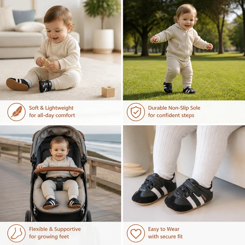 Flexible Sole Baby Sneakers with Hook Loop Fastening for New Walkers