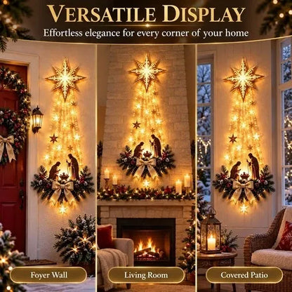 Warm White LED Nativity Wall Ornament Showing the Holy Family Beneath a Fine Cut Star with Pine and Berries