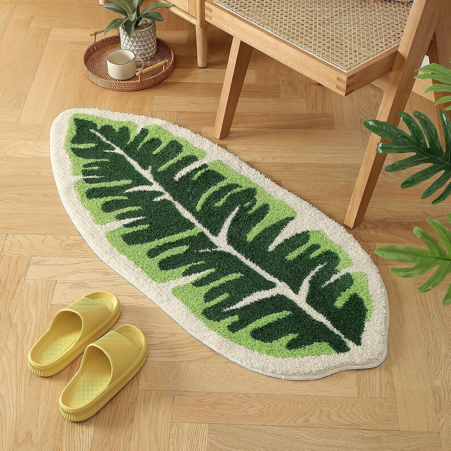 Soft Leaf Pattern Floor Mat with Non Slip Backing and Machine Washable Care
