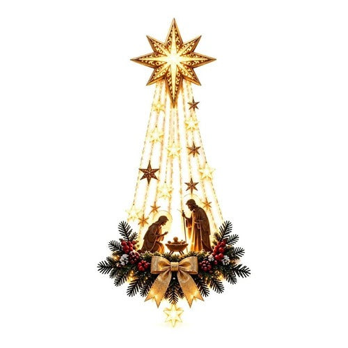 Warm White LED Nativity Wall Ornament Showing the Holy Family Beneath a Fine Cut Star with Pine and Berries
