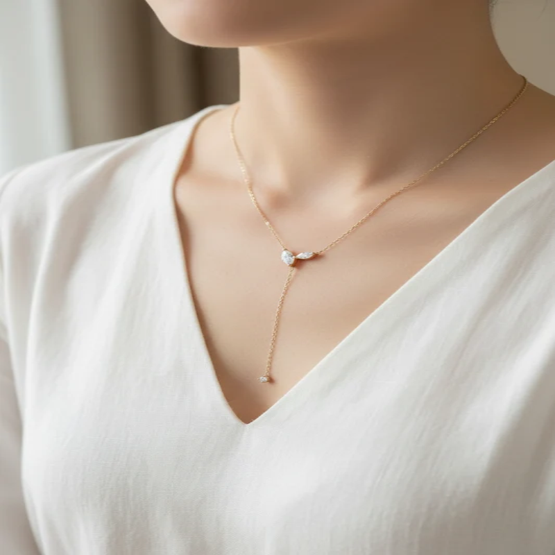 Sterling Silver Y Drop Necklace with Marquise Cut Moissanite Stones, D Color VVS1 Grade