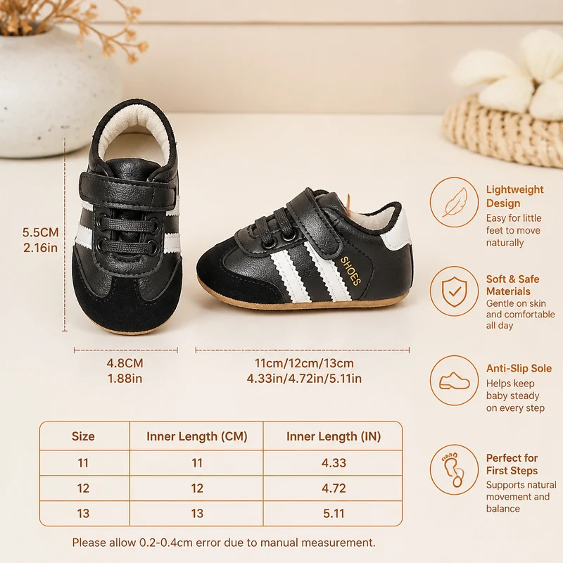 Flexible Sole Baby Sneakers with Hook Loop Fastening for New Walkers