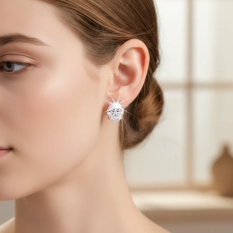 925 Silver Oval Moissanite Earrings, Push Back Studs with D Color VVS1 Stones