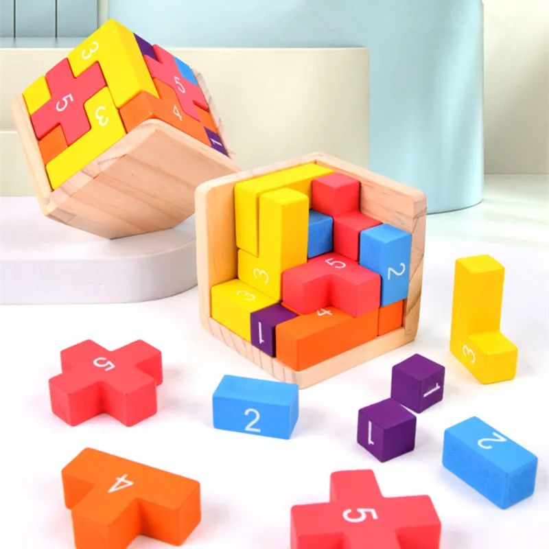 Painted Luban Lock Cube Puzzle with Interlocking Wood Bars for Desk Breaks and Bag Trips