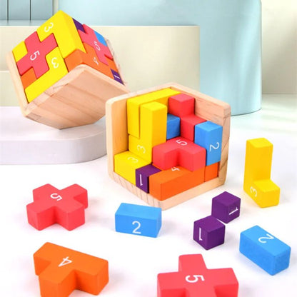 Painted Luban Lock Cube Puzzle with Interlocking Wood Bars for Desk Breaks and Bag Trips