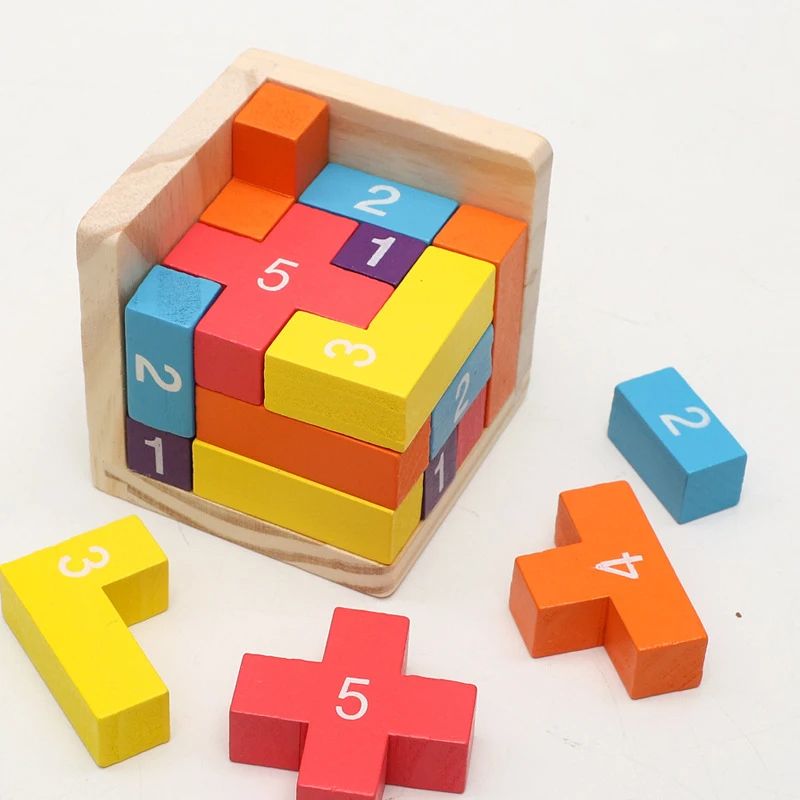 Painted Luban Lock Cube Puzzle with Interlocking Wood Bars for Desk Breaks and Bag Trips