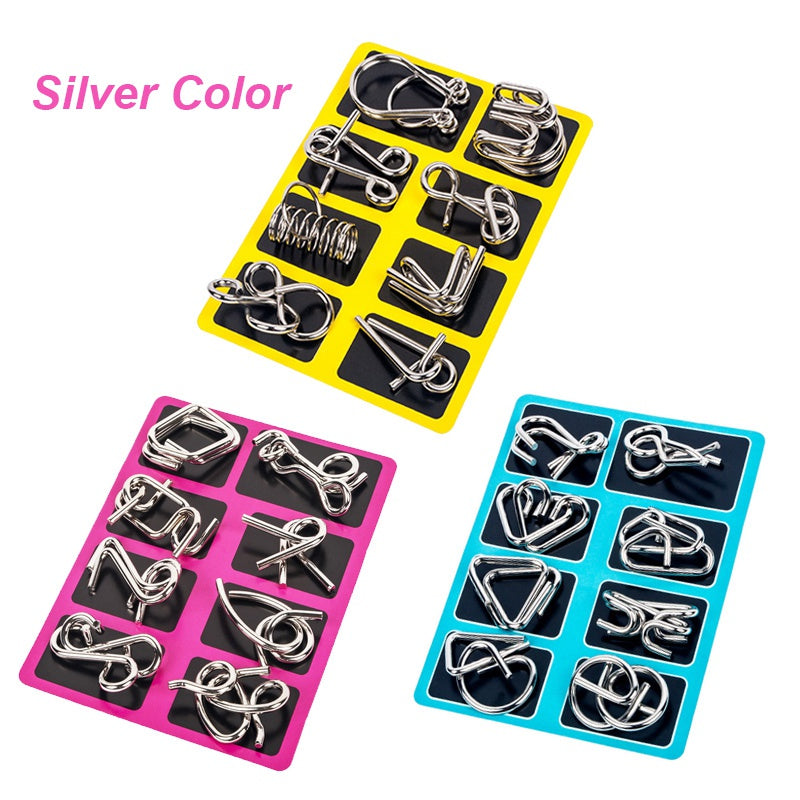 Eight Metal Wire Puzzles with Polished Finish for Desk Breaks Travel Days and Quiet Evenings