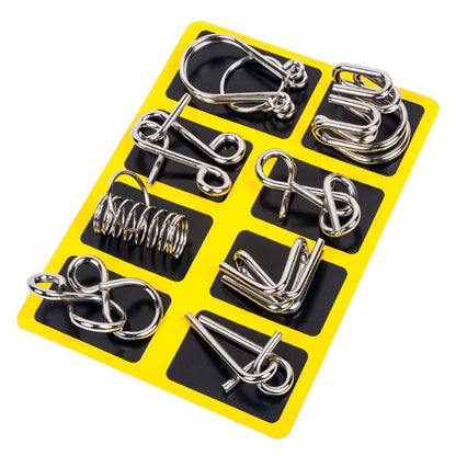 Eight Metal Wire Puzzles with Polished Finish for Desk Breaks Travel Days and Quiet Evenings