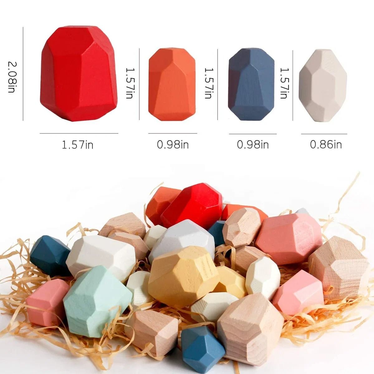 Set of 36 Colorful Wooden Stones in Odd Shapes for Stacking Towers and Testing Balance