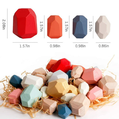 Set of 36 Colorful Wooden Stones in Odd Shapes for Stacking Towers and Testing Balance