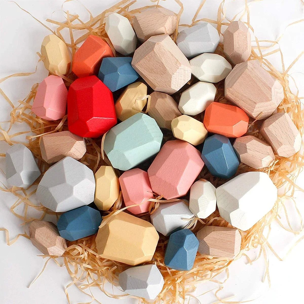 Set of 36 Colorful Wooden Stones in Odd Shapes for Stacking Towers and Testing Balance