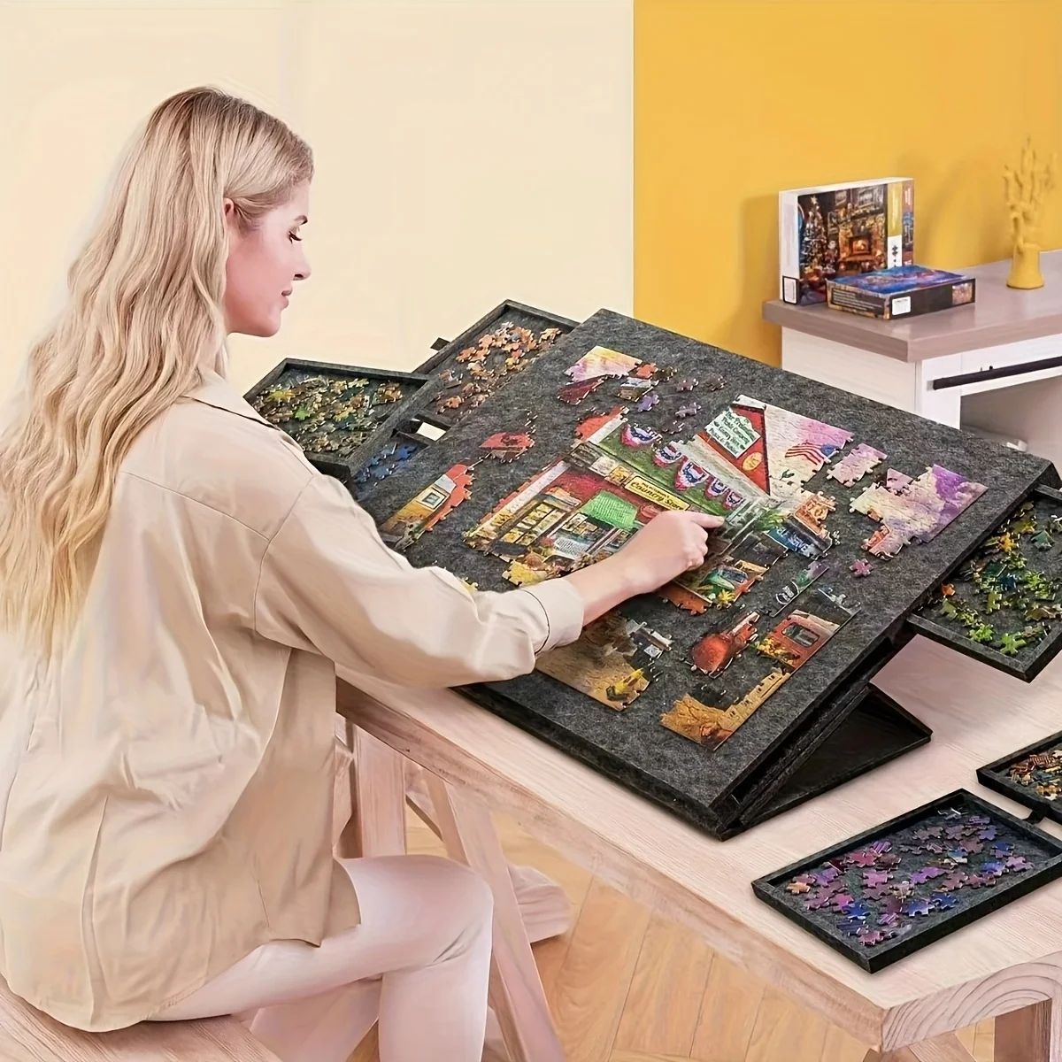 Tabletop Puzzle Board with Six Pull Out Drawers Tilting Legs and Lid for 1000 Piece Puzzles