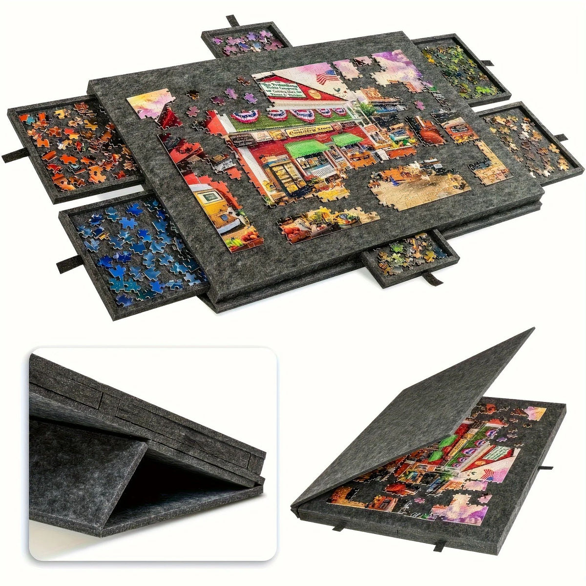 Tabletop Puzzle Board with Six Pull Out Drawers Tilting Legs and Lid for 1000 Piece Puzzles