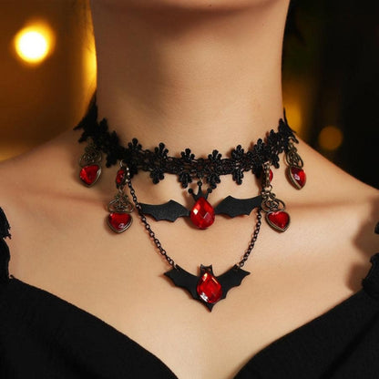 Dark Gothic Necklace with Bat Silhouette and Ruby Heart Pendant, Adjustable Chain