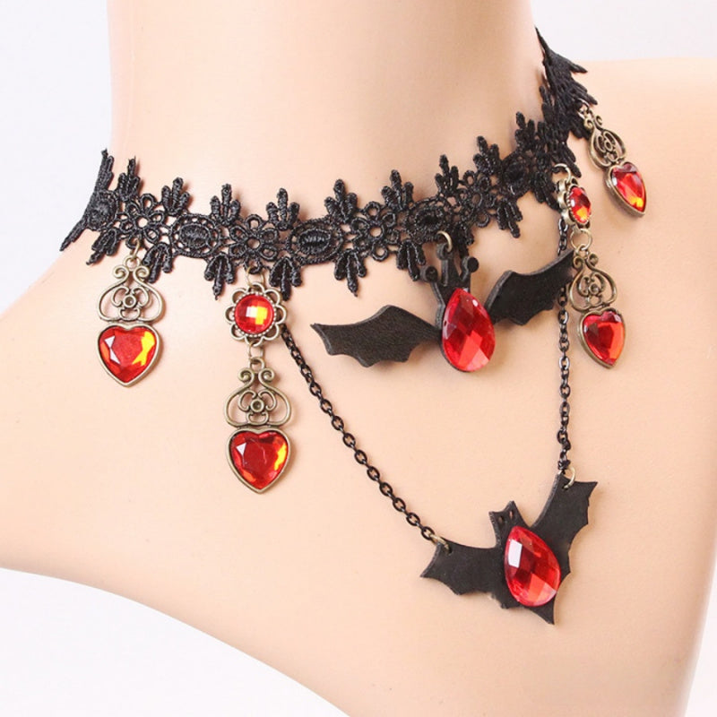 Dark Gothic Necklace with Bat Silhouette and Ruby Heart Pendant, Adjustable Chain