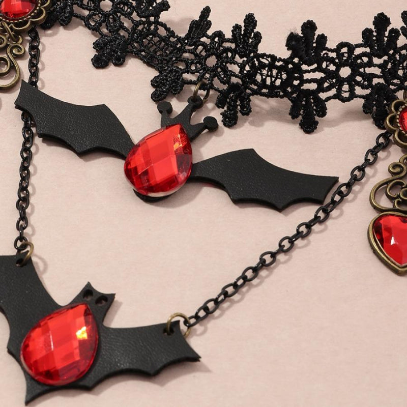 Dark Gothic Necklace with Bat Silhouette and Ruby Heart Pendant, Adjustable Chain