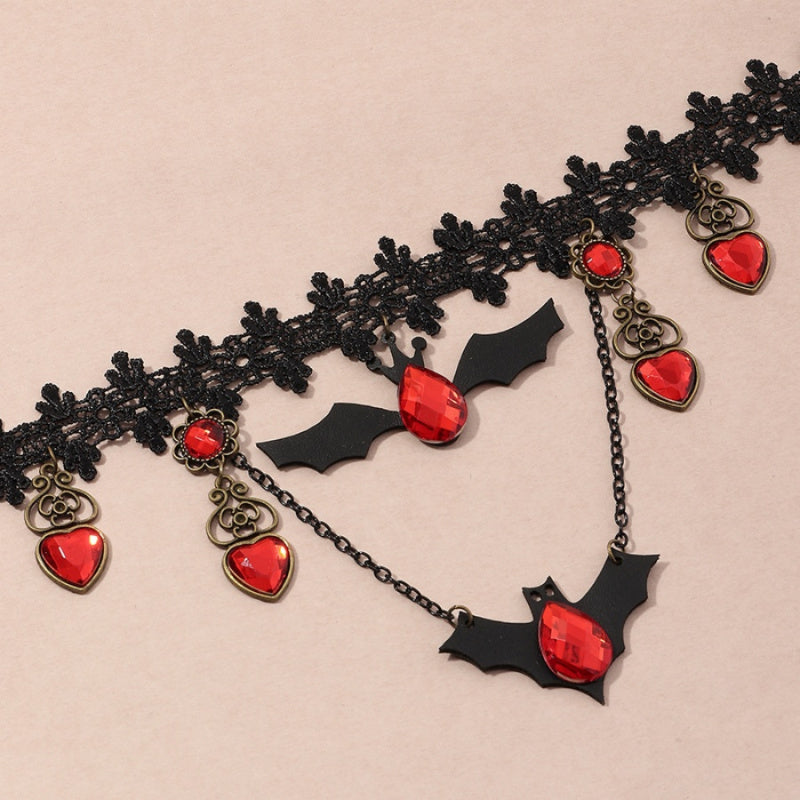 Dark Gothic Necklace with Bat Silhouette and Ruby Heart Pendant, Adjustable Chain