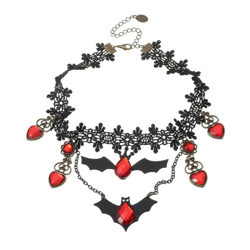 Dark Gothic Necklace with Bat Silhouette and Ruby Heart Pendant, Adjustable Chain