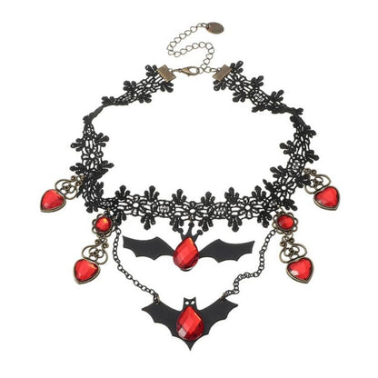 Dark Gothic Necklace with Bat Silhouette and Ruby Heart Pendant, Adjustable Chain