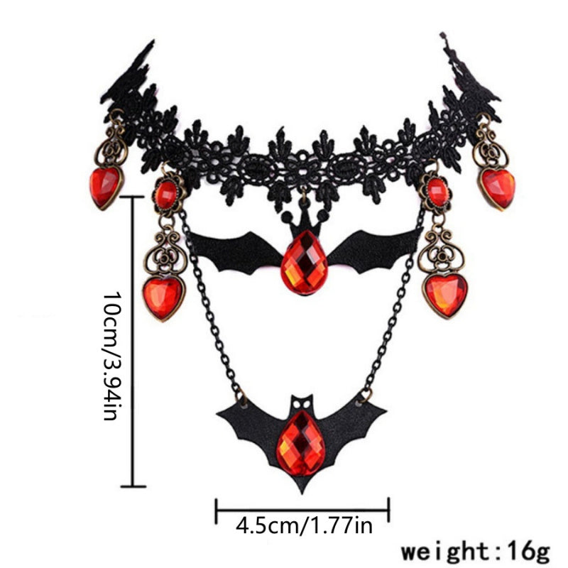 Dark Gothic Necklace with Bat Silhouette and Ruby Heart Pendant, Adjustable Chain