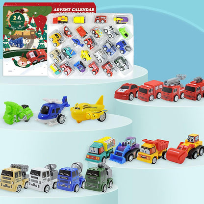 Advent Calendar with 24 Colorful Pull Back Cars for Racing on Floors and Tables