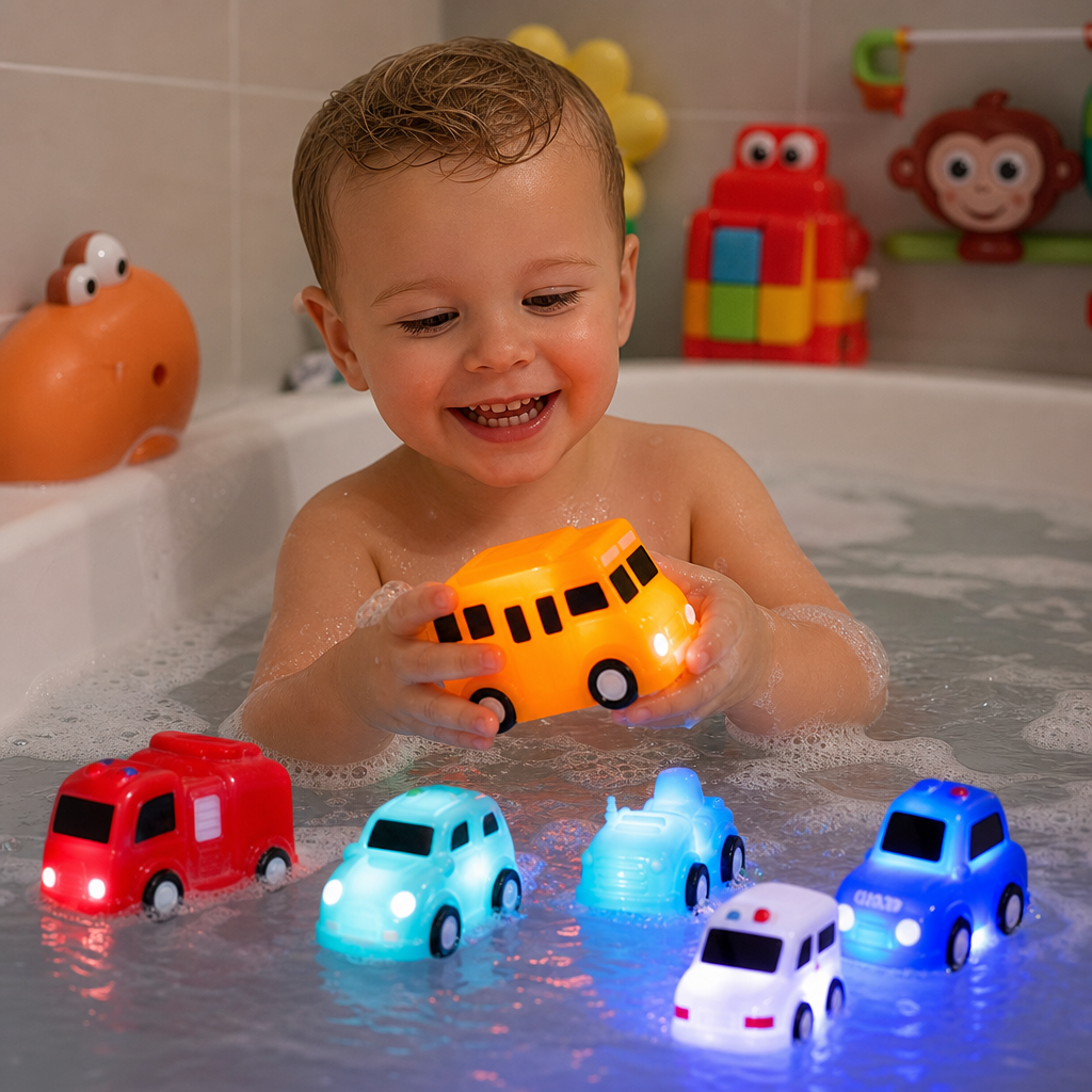 Water Activated Glowing Bath Toy Cars with Multiple Vehicle Shapes for Toddlers