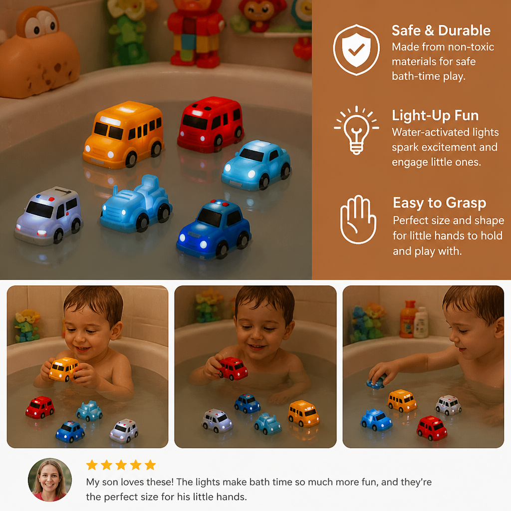 Water Activated Glowing Bath Toy Cars with Multiple Vehicle Shapes for Toddlers
