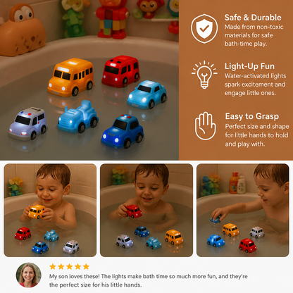 Water Activated Glowing Bath Toy Cars with Multiple Vehicle Shapes for Toddlers