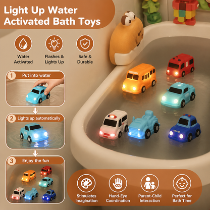 Water Activated Glowing Bath Toy Cars with Multiple Vehicle Shapes for Toddlers