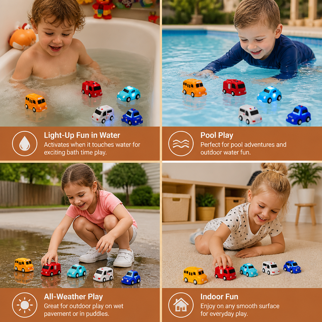 Water Activated Glowing Bath Toy Cars with Multiple Vehicle Shapes for Toddlers