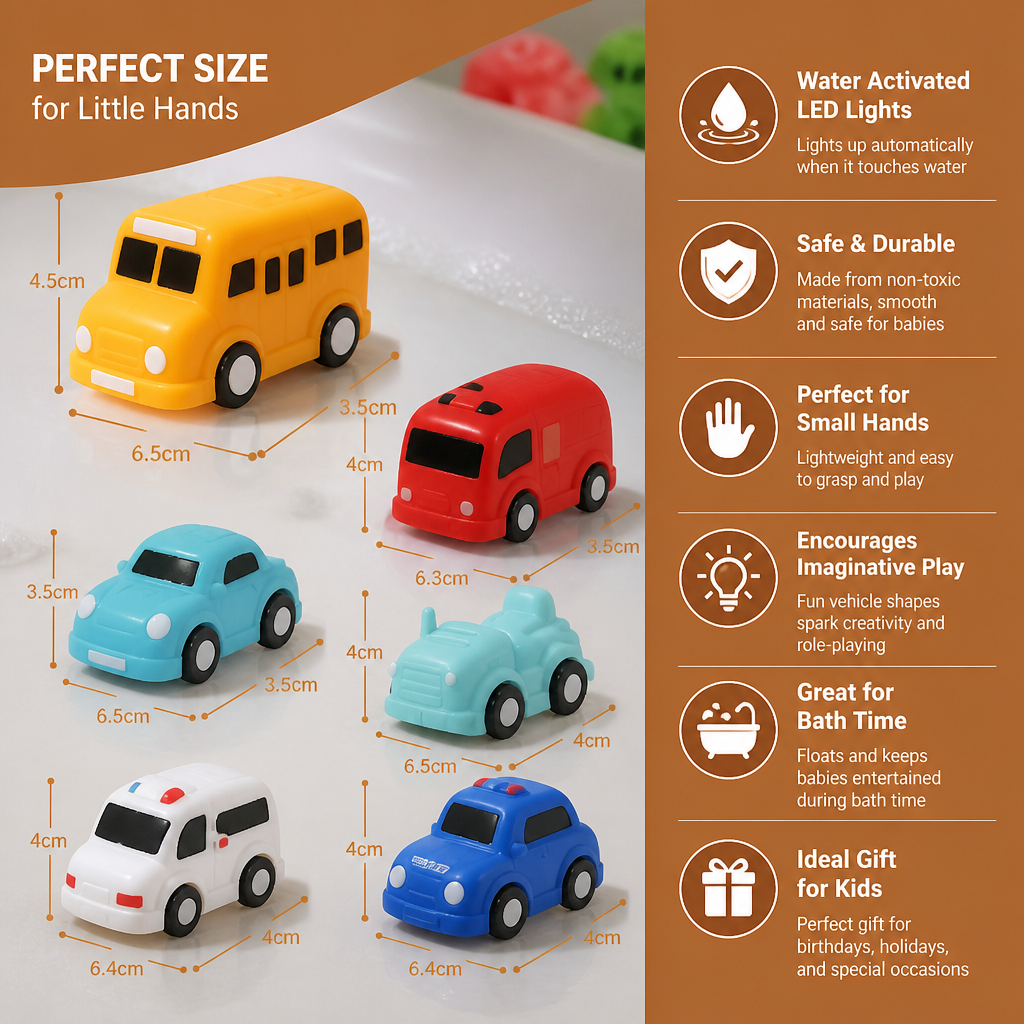 Water Activated Glowing Bath Toy Cars with Multiple Vehicle Shapes for Toddlers