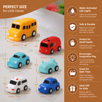 Water Activated Glowing Bath Toy Cars with Multiple Vehicle Shapes for Toddlers
