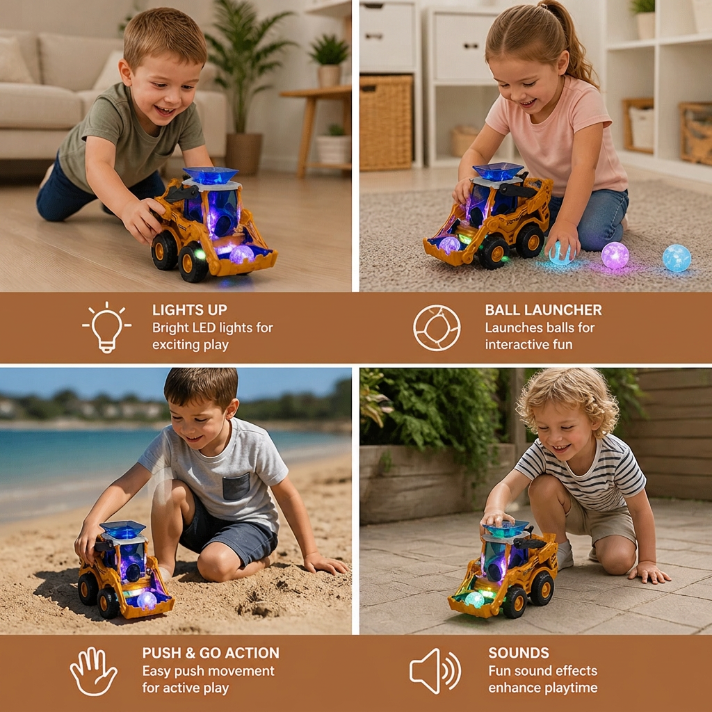 Light Up Construction Bulldozer Toy with Ball Launcher for Kids