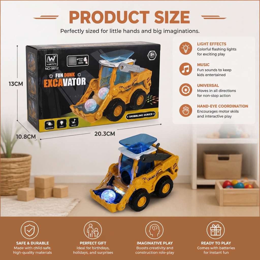 Light Up Construction Bulldozer Toy with Ball Launcher for Kids