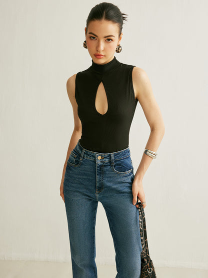 Sleeveless Ribbed Mock Neck Top with a Keyhole in 90 Percent Polyester and 10 Percent Elastane