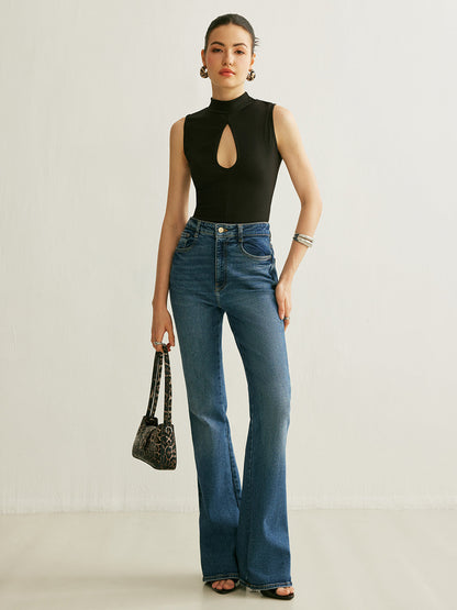 Sleeveless Ribbed Mock Neck Top with a Keyhole in 90 Percent Polyester and 10 Percent Elastane