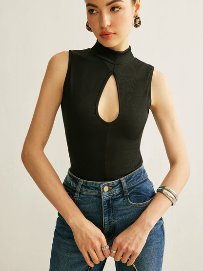 Sleeveless Ribbed Mock Neck Top with a Keyhole in 90 Percent Polyester and 10 Percent Elastane