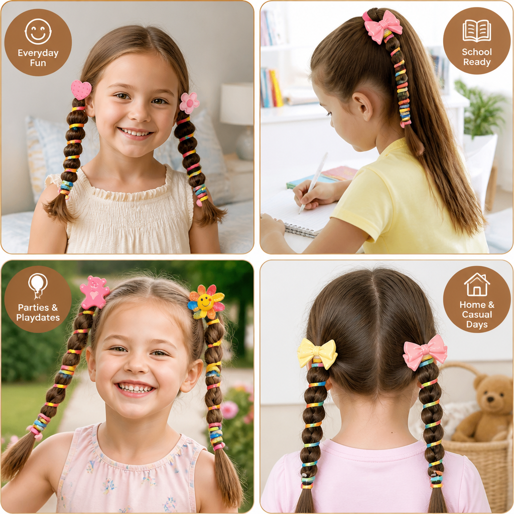 Cute Spiral Hair Tie Set with Flower Heart and Bear Designs for Kids Braids and Ponytails