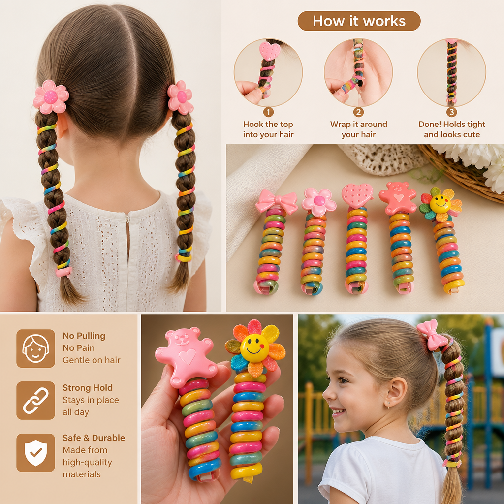 Cute Spiral Hair Tie Set with Flower Heart and Bear Designs for Kids Braids and Ponytails