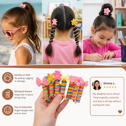 Cute Spiral Hair Tie Set with Flower Heart and Bear Designs for Kids Braids and Ponytails