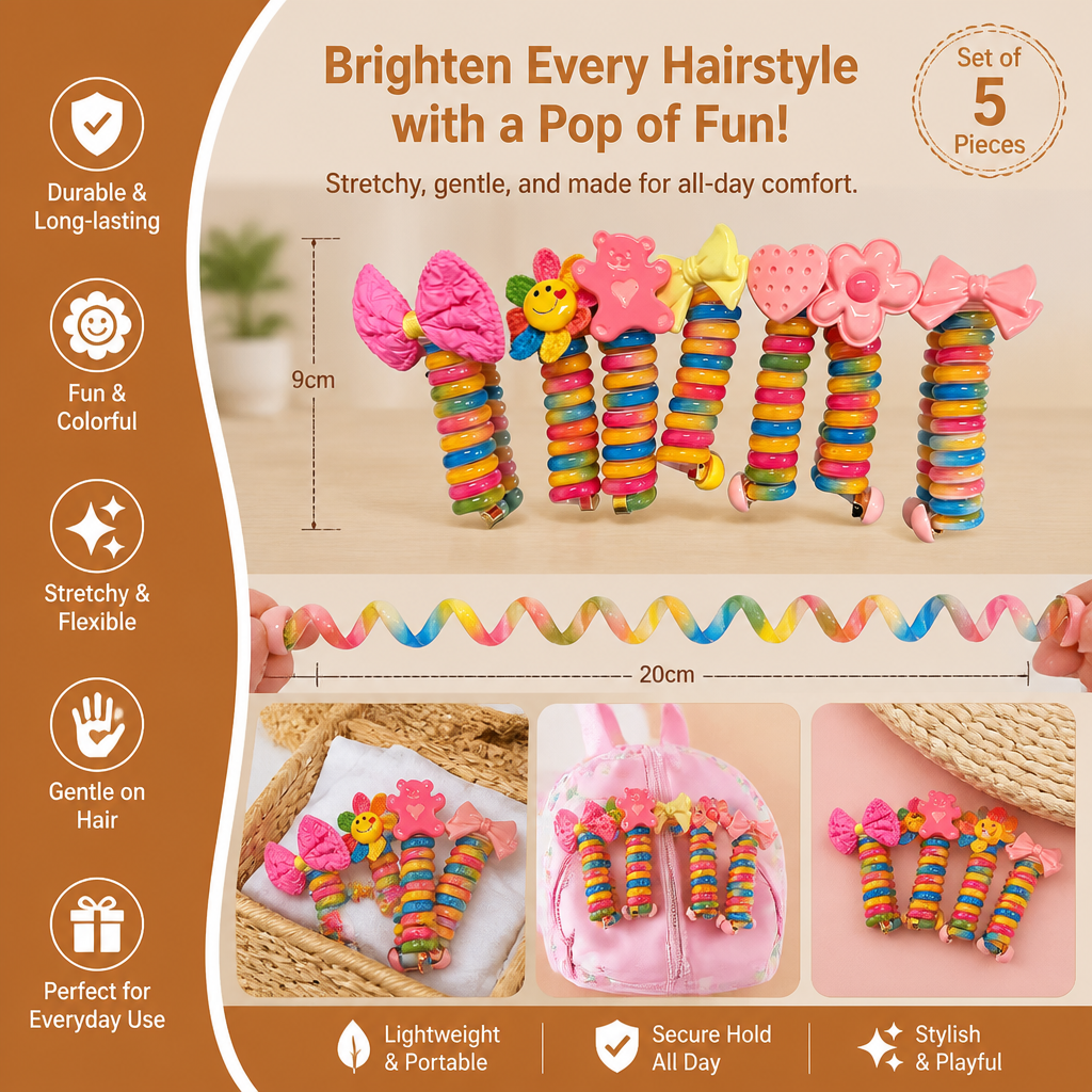 Cute Spiral Hair Tie Set with Flower Heart and Bear Designs for Kids Braids and Ponytails