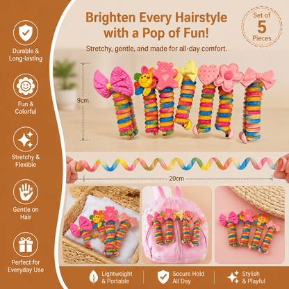 Cute Spiral Hair Tie Set with Flower Heart and Bear Designs for Kids Braids and Ponytails